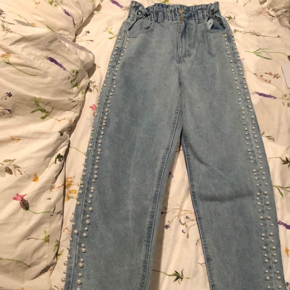pearl embellished paper bag jeans